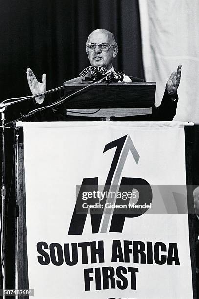 South African president Pieter Willem Botha addresses a National Party election rally at city hall in Germiston, South Africa.