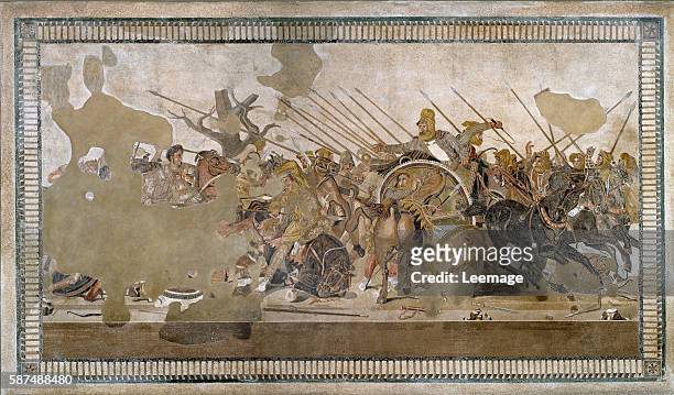 Battle of Issus between Alexander the Great and Darius III in 333 BC - Roman floor mosaic removed from the Casa del Fauno at Pompeii, 1rst century BC...