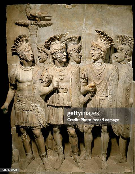 The Praetorian Guard, legionnaires and elite soldiers. Marble relief, , Roman art. Musee du Louvre, Paris, France