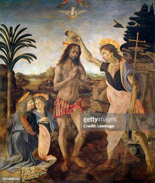 Baptism of the Christ - Painting by Andrea di Francesco di Cione, called Verrocchio and Leonardo da Vinci , oil and tempera on panel, 1472-1475 -...