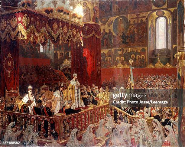 The Coronation of Tsar Nicholas II at the Church of the Assumption, Moscow, 14th may 1896. Painting by an anonymous artist, oil on canvas, 1896....