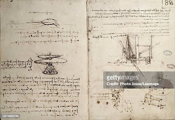Flying machines, one of first drawings of a helicopter - like flying machine. Manuscript by Leonardo da Vinci , pen and ink on paper, c. 1487....