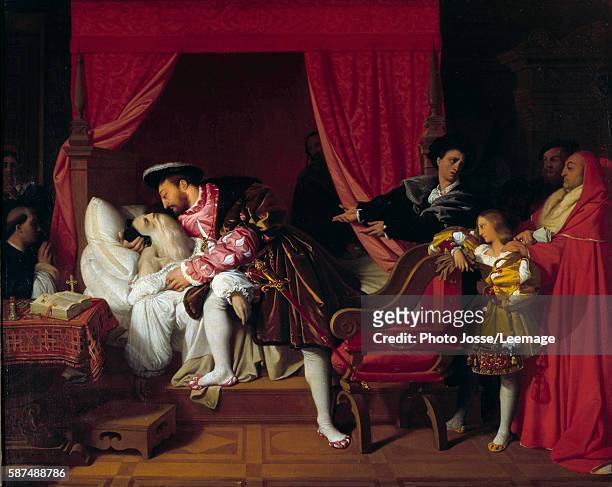 The King of France Francois I receives the last breath of Leonardo da Vinci at Clos Luce. Painting by Jean Auguste Dominique Ingres . 1824. 0,4 x 0,5...