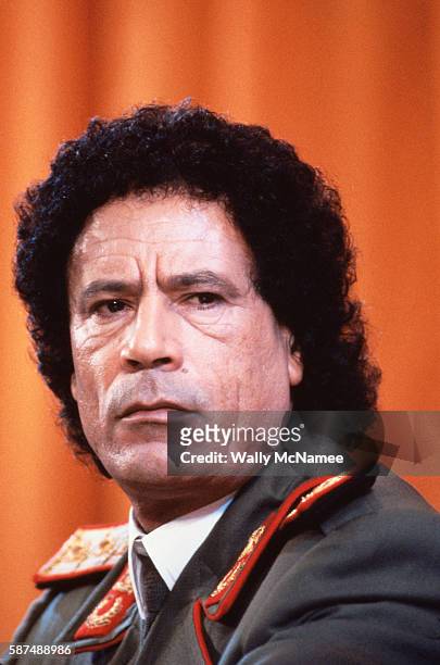Libyan Leader Muammar al-Qaddafi appears at a news conference at the Soviet Foreign Ministry in Moscow in 1985.