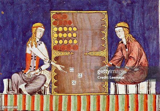 Women playing backgammon - Miniature from 'Libro De Los Juegos' by Alfonso X, called The Wise , 1283 - Royal Library of the Monastery of El Escorial,...