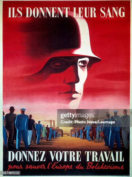 German and Vichy France's propaganda poster advertising STO (Compulsory Work Service), 1942 German and Vichy France's propaganda poster advertising STO (Compulsory Work Service), 1942