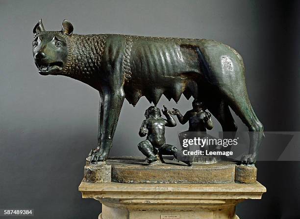 Capitoline Wolf - Lupa Capitolina - Bronze sculpture , 5th century BC, the twins Remus and Romulus were added during the Renaissance - Rome, musei...