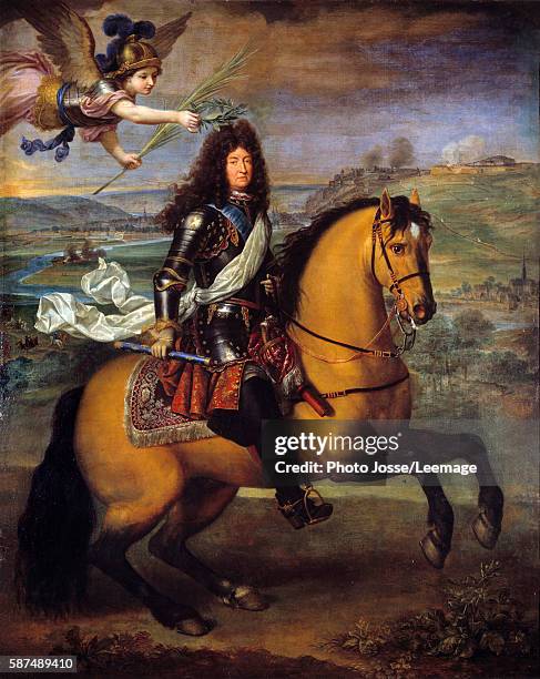 Equestrian Portrait of Louis XIV crowned by Victory . Painting by Pierre Mignard 1692 59 x 2,60 m. Oil on canvas. Chateau de Versailles, France