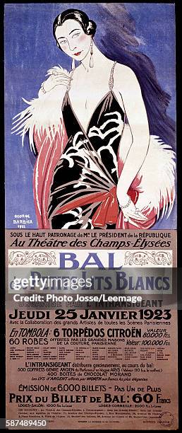 Poster advertising "Le Bal des Petits lits blancs" at the Theatre des Champs-Elisees : Charitable ball organized by the newspaper the Intransigeant...