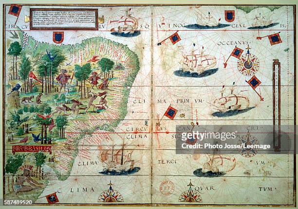 Hydrographic Map of Brazil. From the illuminated manuscript Portuguese nautical Atlas by Loppo Homem , 1519. Bibliotheque Nationale de France, Paris "