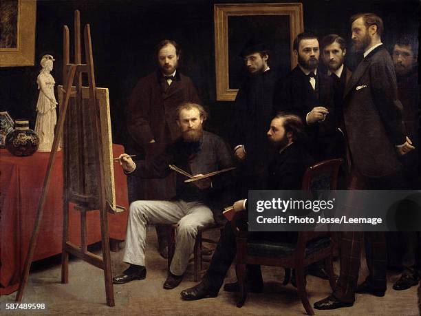 Workshop at the Batignolles. Among the characters presents : Otto Scholderer, Edouard Manet seated center, Pierre Auguste Renoir , Zacharie Astruc ,...