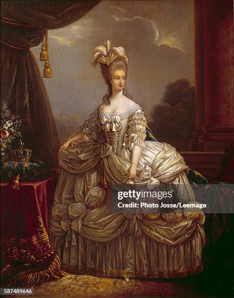 Full-length portrait of Marie Antoinette de Lorraine Habsburg Queen of France, Painting by Marie Elisabeth Louise Vigee-Lebrun , 18th century....