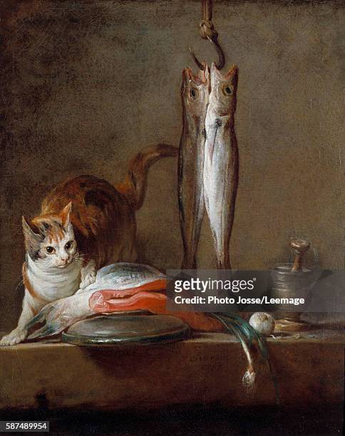Cat with a slice of salmon, two mackerels, mortar and pestle. Painting by Jean Baptiste Simeon Chardin , 1728. 0,79 x 0,63 m. Thyssen Bornemisza...