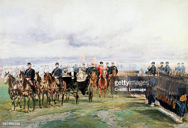 Tsar Nicholas II of Russia and French President Felix Faure inspecting troops in Chalon-sur-Marne, October 9 by Edouard Detaille , watercolor and...