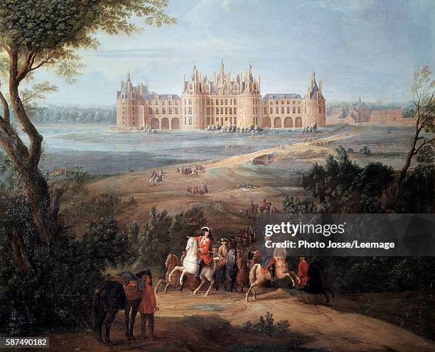 View of the Chateau de Chambord, the Regent Philippe II Duke of Orleans gives his orders for hunting. Painting by Pierre-Denis Martin , 1722. 1,3 x...