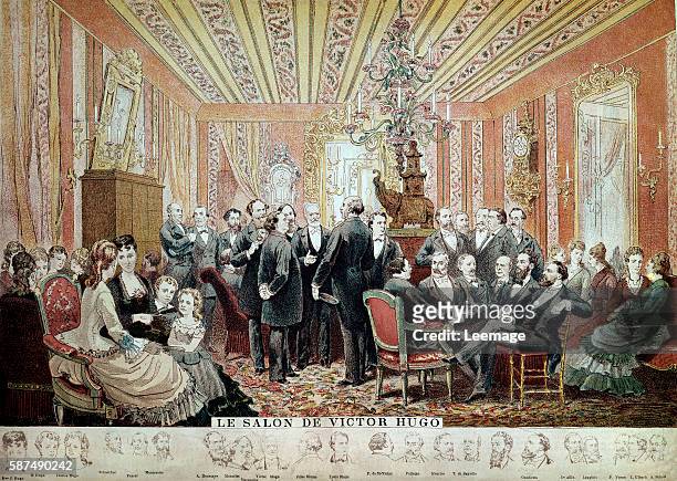 The salon of Victor Hugo , French writer in Paris, 21 street of Clichy - colour engraving after Adrien Marie - present in the literary salon: Victor...