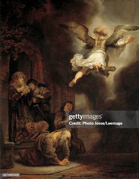 The archangel Raphael leaving the family of Tobie. Painting by Harmensz Van Rijn Rembrandt , 1637. 0,66 x 0,52 m. Louvre Museum, Paris