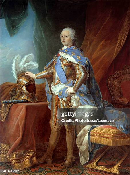 Full-length portrait of Louis XV , in armor, the hand on a helmet. Painting by Carle Van Loo , oil on canvas , 1751. Versailles, Castle Museum