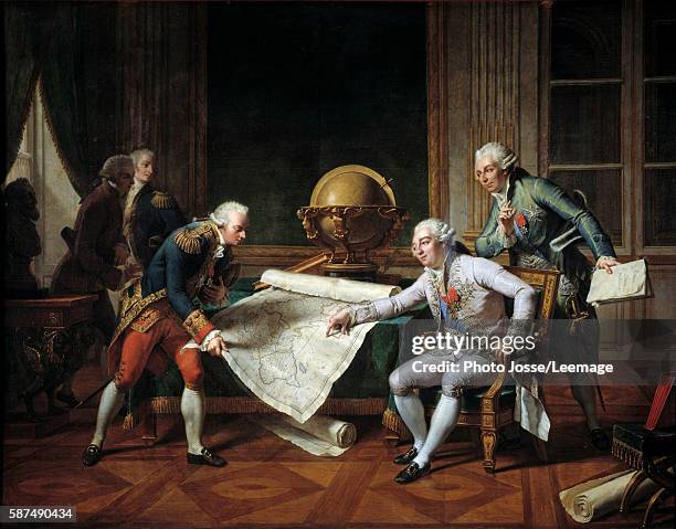 The King of France Louis XVI giving to the navy officer, Jean-Francois de Galaup, Comte de La Perouse his instructions for his exploration around the...