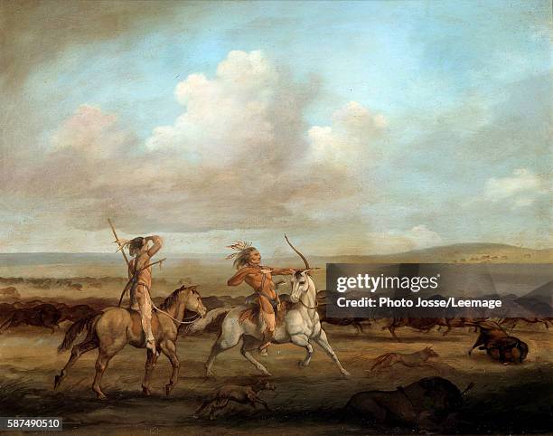 Native Americans on horseback hunting bison. Painting by George Catlin , 19th century. Museum of the New World, La Rochelle, France