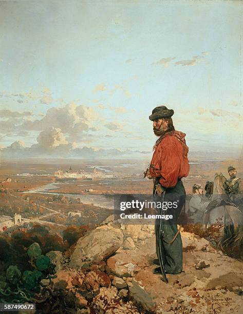 Portrait of Giuseppe Garibaldi 1807-1882, standing in front of Capua Italy, in 1860. Painting of Girolamo Induno 1825-1890, 1861. Museo del...