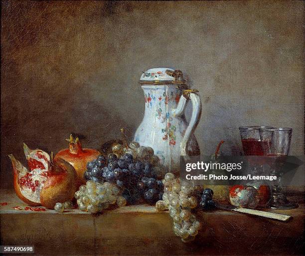 Grapes and pomegranates. Painting by Jean Baptiste Simeon Chardin , 1763. 0,47 x 0,57 m. Louvre Museum, Paris