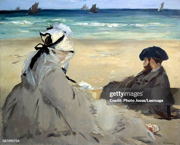 On the beach. Suzanne Manet, wife of the artist and Eugene, the painter's brother, on the beach at Berck sur Mer . Painting by Edouard Manet . Summer...