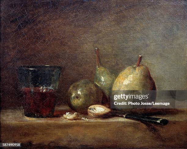 Pears, nuts and glass of wine. Still life . Painting by Jean-Baptiste Simeon Chardin , 18th century.Oil on canvas. 0,33 X 0,41 m. Louvre Museum, Paris