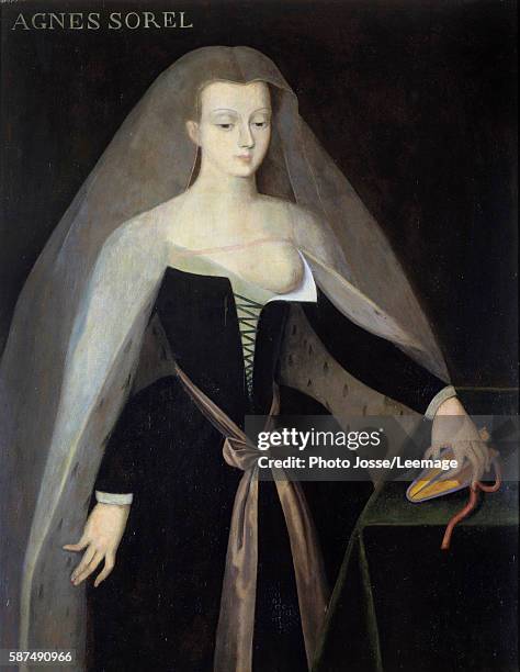 Portrait of Agnes Sorel , mistress of King Charles VII with naked breast. Painting after Jean Fouquet, Chateau de Loches, France
