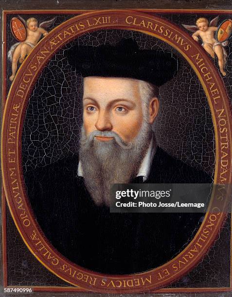 Portrait of Michel de Nostre-Dame, called Nostradamus, astrologer . Anonymous painting after Cesar Nostradamus , Versailles, chateaux de Versailles...