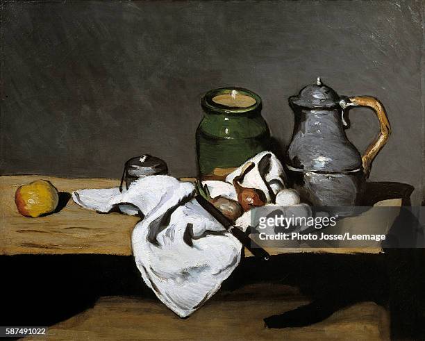 Still life with a kettle. Painting by Paul Cezanne , 1869. 0, 64 x 0,81 m. Orsay Museum, Paris