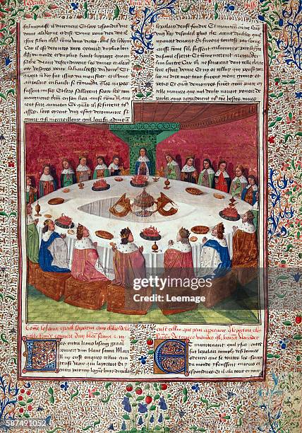The Round Table and the Holy Grail, from the 'Livre de Messire Lancelot du Lac', 1470 Bibliotheque Nationale, Paris, France