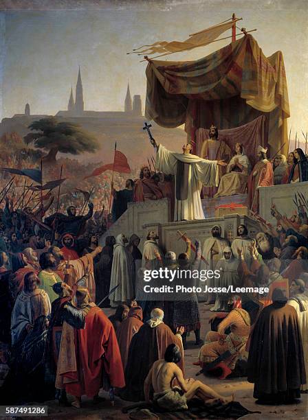 Saint Bernard of Clairvaux preaching the Second Crusade in the presence of King Louis VII and Queen Eleanor of Aquitaine and the Abbe Suger in...