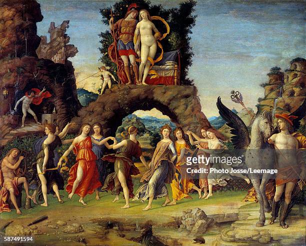 Mars and Venus or Parnassus. Painting representing Mars and Venus on a rock, Pegasus and Mercury, Apollo and the nine Muses : Calliope , Clio , Erato...