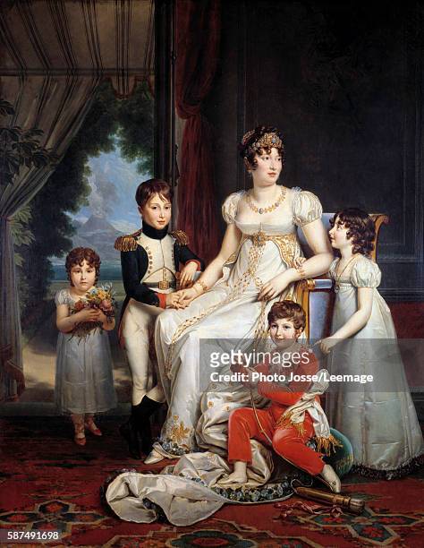Portrait of Maria-Annunziata called Caroline Bonaparte Queen of Naples and wife of Joachim Murat surrounded by her children. Painting by Francois...