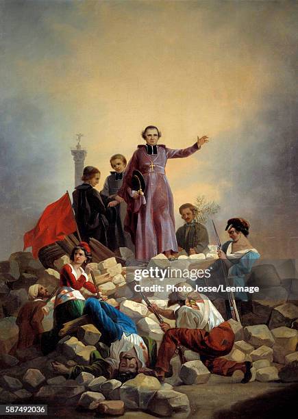 "The Archbishop Monseigneur Denis Affre on the barricades at the entrance of Faubourg Saint-Antoine on 26 June 1848 " Painting by Joseph Felon ,...