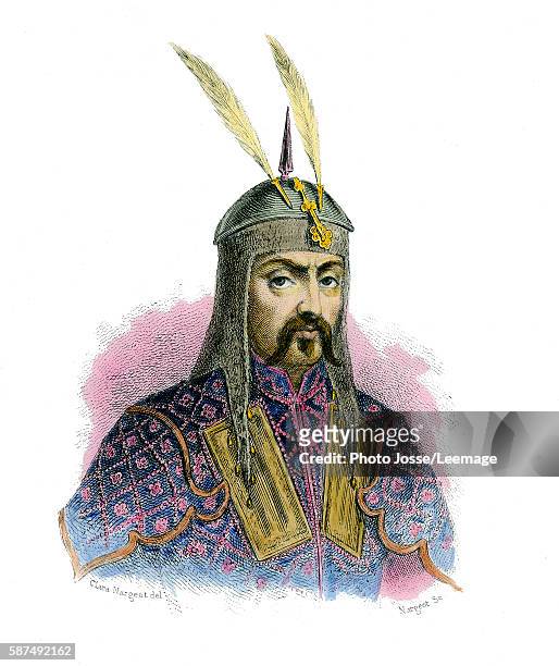 Gengis Khan . Emperor of Mogol Empire. Engraving. Colored.