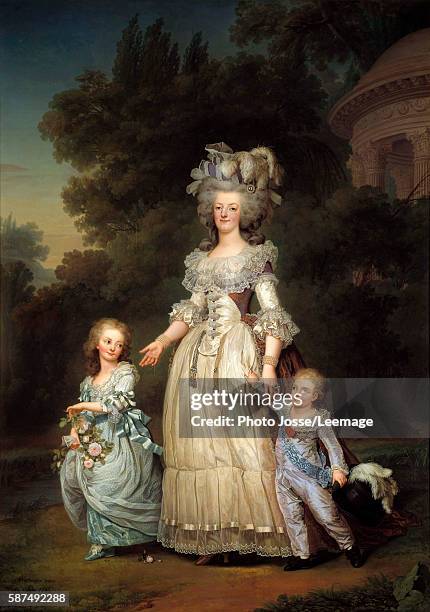 Full-length portrait of Queen Marie Antoinette of France with Marie-Therese or Madame Royale and the first Dauphin Louis Joseph Xavier Francois or...