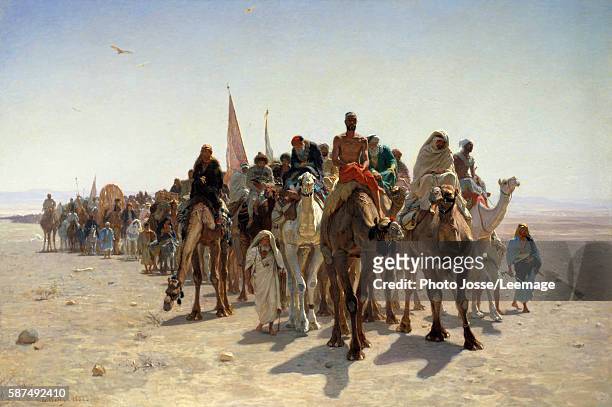Pilgrims going to Mecca. Caravan of travelers mounted on camels in the desert. Painting by Leon-Auguste-Adolphe Belly 1861. 1,6 x 2,4 m. Orsay...