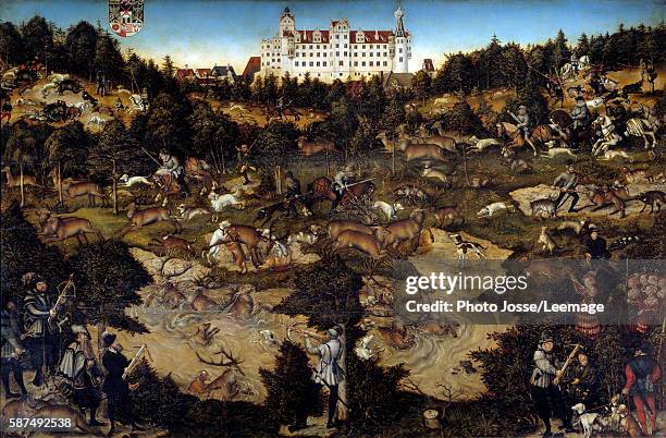 Hunt in honour of Charles Quint at the Hartenfels Castle near Torgau . Painting by Lucas Cranach the Elder oil on wood 14 x 1,75 m. Prado Museum,...