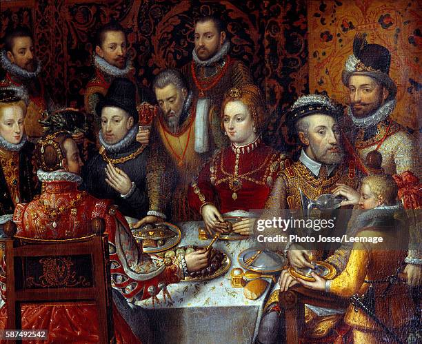 The banquet of the Monarchs . Detail depicting Charles V seated on right with his wife Isabella of Portugal ; in the center, their son Philip II of...