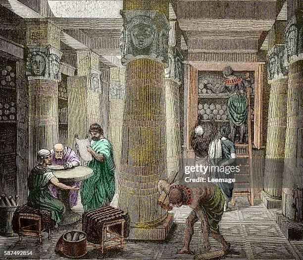 View of the library of Alexandria, Egypt founded by Ptolemy II - A hall in the Library of Alexandria, Egypt. Ancient scholars converse while reading...