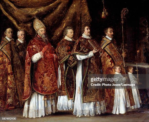 The Pontifical Mass or A Bishop rising to the altar or The Procession. Painting by Antoine Le Nain , 17th century, oil on copper 54 x 0,65 m. Louvre...