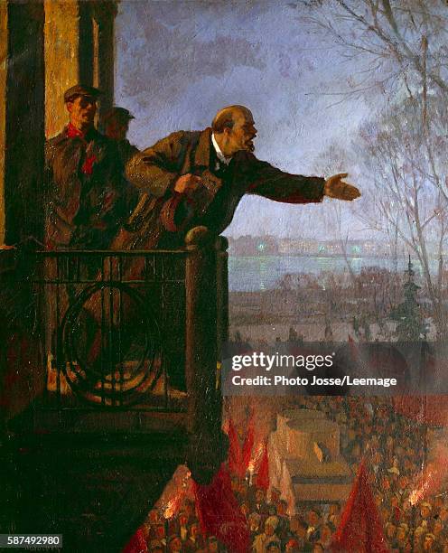 The Russian revolutionary and politician Lenin on the balcony of the Kschessinska Mansion in the night . In this speech, he spells out his "April...