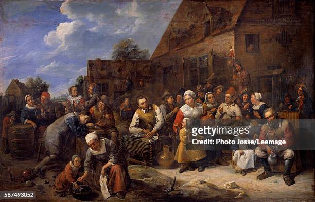 Village banquet. Festival's scene with peasants at the table. Painting by Gillis Van Tilborgh , 17th century. Beaux-Arts Museum, Rouen, France