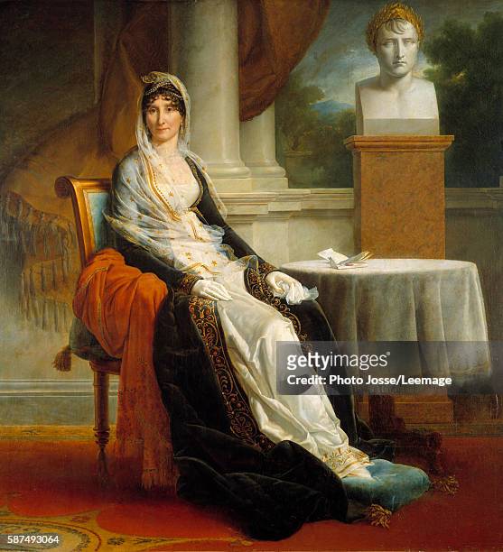Full-length portrait of Marie Laetitia Ramolino , "Madame Mere" posing near the bust of her son, Emperor Napoleon I . Painting by Francois Pascal...