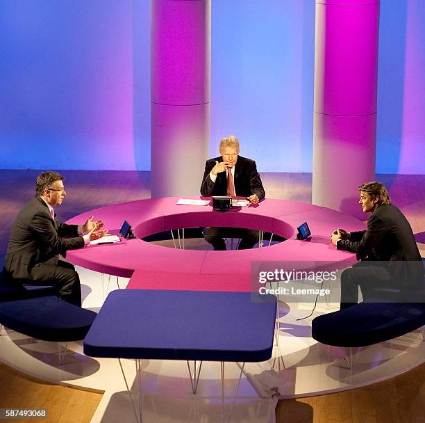 Matthias Leridon, president de Tilder, whos served as an advisor for many politicians, and former Finance Minister Francois Baroin on the set of the...