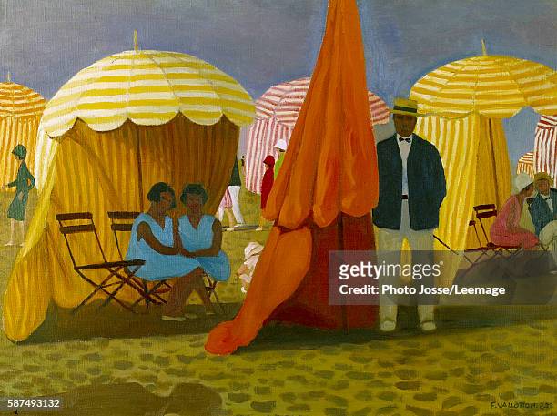 The Beach. Holydaymakers under beach umbrellas protecting them from wind. Painting by Felix Vallotton , Swiss School, 1925. National Museum of Modern...