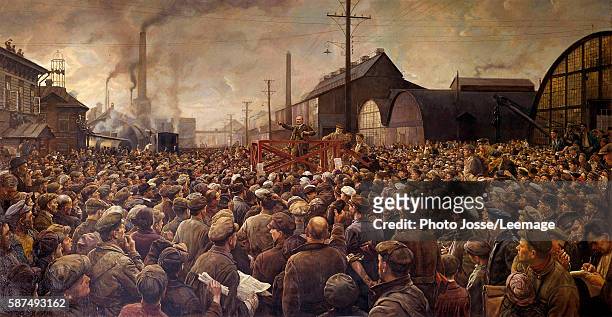 Russian Revolution of 1917: Lenin speaking to the workers of the Putilov factory, in Petrograd, 1917. Painting by Isaak Brodsky . National Gallery,...
