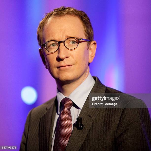 Laurent Bigorgne, director of the free market think tank The Institut Montaigne, on the set of the TV show "Place aux idees", hosted by journalist...